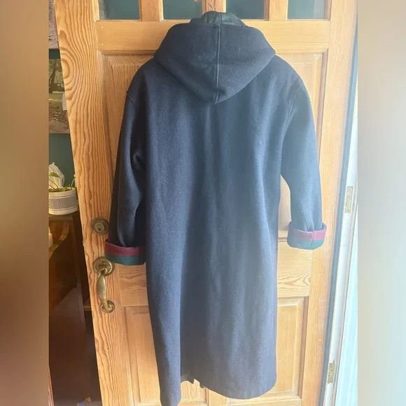 Cabin Creek Navy and Green Wool Trench Coat with Hood Burgundy Accents Size 6 - Picture 9 of 10